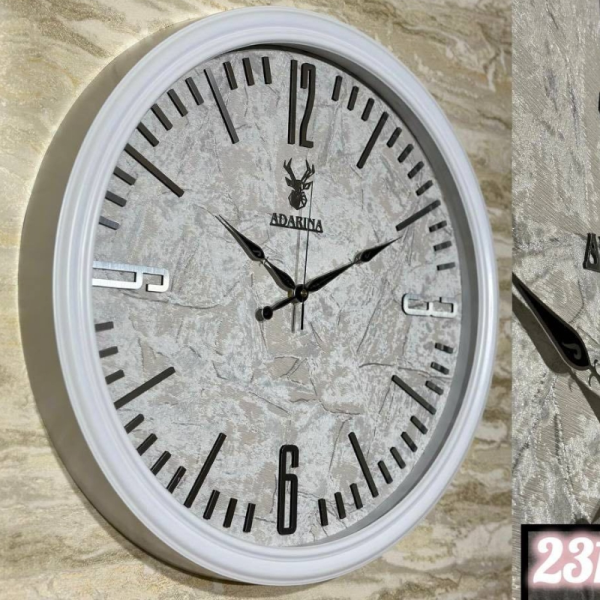 ساعت دیواری آدرینا مدل 2311، ساعت دیواری خاص با موتور آرامگرد درجه 1، صفحه ضد رطوبت شاین دار PVC، بدنه از متریال پلاستیک، سایز 55 سانتی متر، رنگ سفید