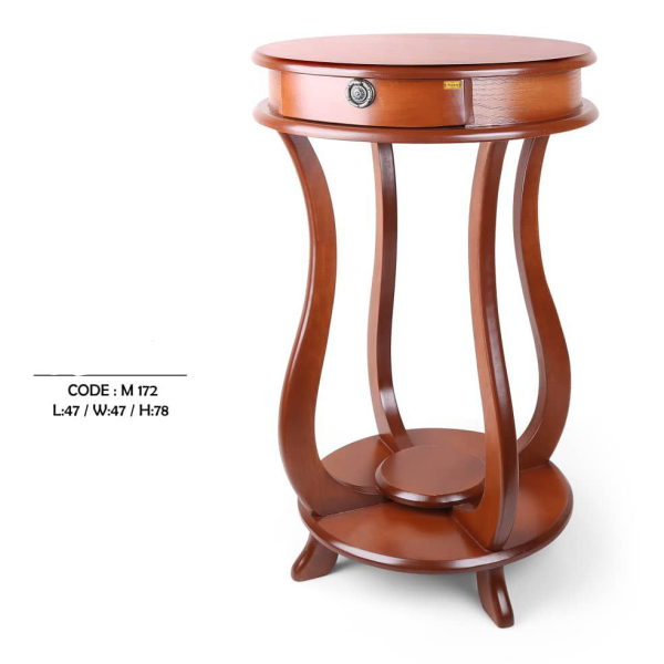 میز تلفن چوبی مدل 172، میز تلفن چوبی با پایه های کوتاه، دارای کشویی برای نگه داری وسایل کوچک، سطح پایینی و بالایی میز برای نگه داری وسیله دکوری