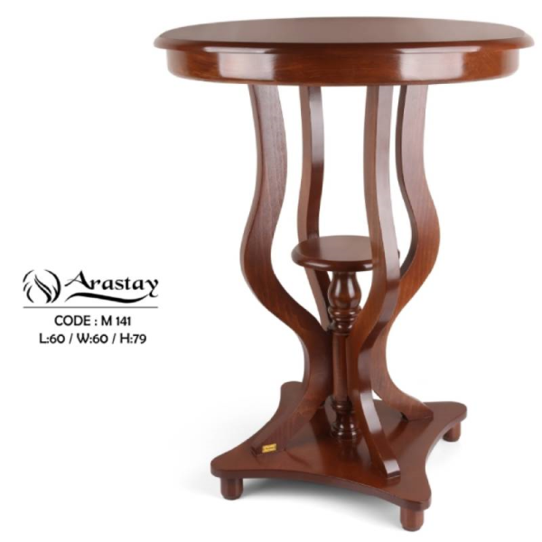 میز چوبی گرد مدل فانوس کد M141، میز تلفن پایه دار بسیار شیک و چوبی، فضایی برای نگه درای وسایل تزیینی در پایین و بالای میز