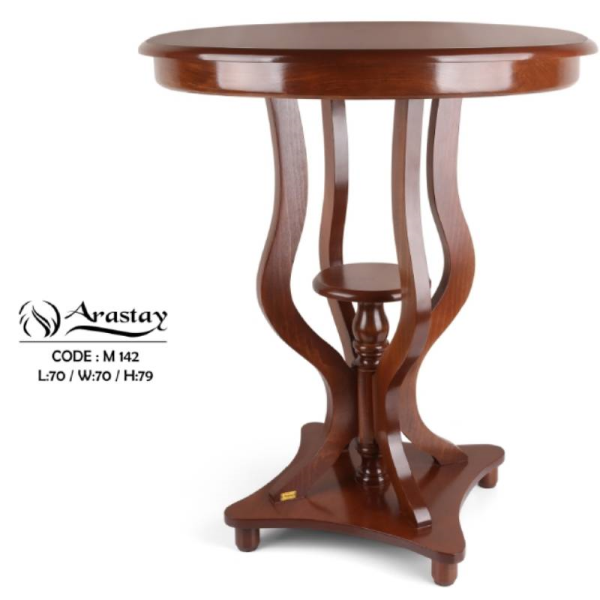 میز چوبی گرد مدل فانوس کد M142، میز تلفن پایه دار بسیار شیک و چوبی، فضایی برای نگه درای وسایل تزیینی در پایین و بالای میز