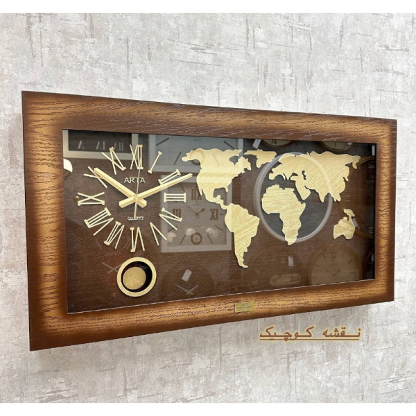  ساعت دیواری آرتا Arta کد 436، ساعت دیواری چهارگوش چوبی سایز 80x40 سانت با متریال MDF، دارای موتور آرامگرد، طرح نقشه کوچک، رنگ قهوه ای