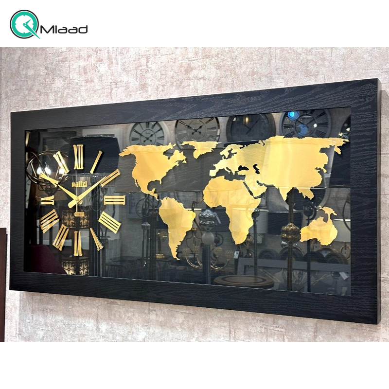 ساعت دیواری مدل 1470، ساعت دیواری طرح نقشه جهان با تنوع رنگ بندی، متریال ام دی اف ساعت، دارای موتور آرامگرد با دو سال ضمانت، رنگ مشکی قیمت ساعت دیواری