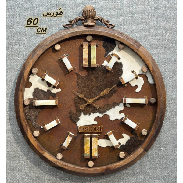  ساعت دیواری مدل هُورس کد 3308، ساعت دیواری چوبی سنگی با بدنه چوب روس طبیعی و صفحه ساعت از پوست طبیعی، اعداد کوارتز سنگی، سایز 60، رنگ قهوه ای
