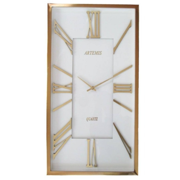 ساعت دیواری فلزی آرتمیس مدل 2028، ساعت دیواری مستطیلی شکل فلزی و آبکاری شده سایز 60x35 سانتی متر، رنگ طلایی صفحه سفید