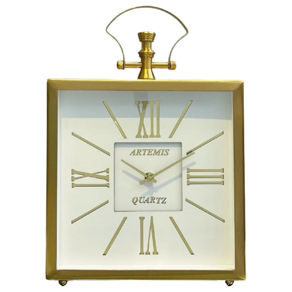 ساعت رومیزی فلزی آرتمیس مدل 2030، ساعت رومیزی خاص و فلزی با صفحه سفید و اعداد رومی، دارای تنوع رنگی، رنگ طلایی صفحه سفید	