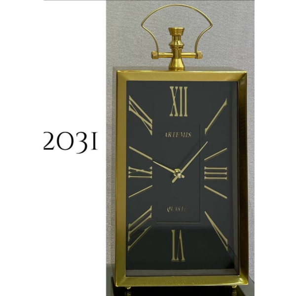 ساعت رومیزی فلزی آرتمیس مدل 2031، ساعت رومیزی خاص و فلزی با صفحه مشکی و اعداد رومی، دارای تنوع رنگی، رنگ طلایی صفحه مشکی
