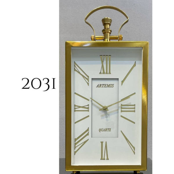 ساعت رومیزی فلزی آرتمیس مدل 2031، ساعت رومیزی خاص و فلزی با صفحه سفید و اعداد رومی، دارای تنوع رنگی، رنگ طلایی صفحه سفید