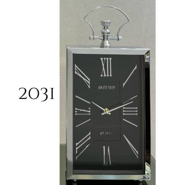 ساعت رومیزی فلزی آرتمیس مدل 2031، ساعت رومیزی خاص و فلزی با صفحه مشکی و اعداد رومی، دارای تنوع رنگی، رنگ نقره ای صفحه مشکی