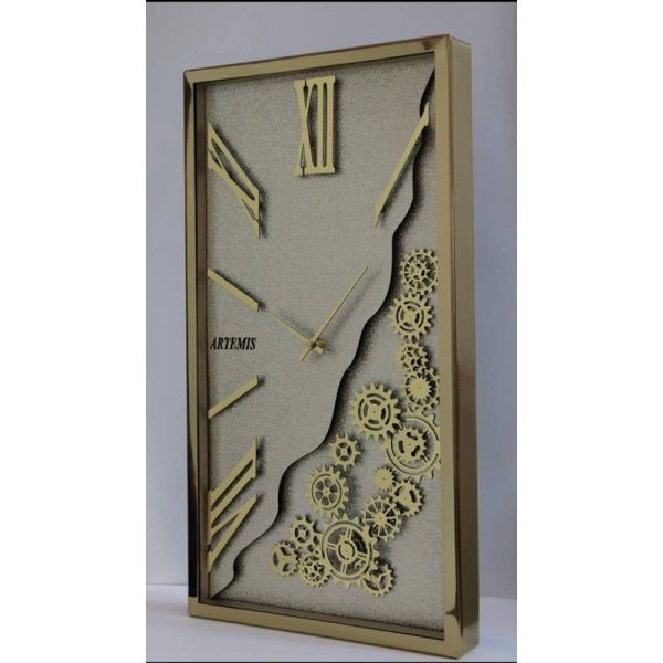 ساعت دیواری فلزی آرتمیس مدل 2035، ساعت دیواری مستطیلی شکل فلزی و آبکاری شده سایز 65x35 سانتی متر، دارای چرخ دنده هایی روی صفحه ساعت، رنگ طلایی صفحه سفید