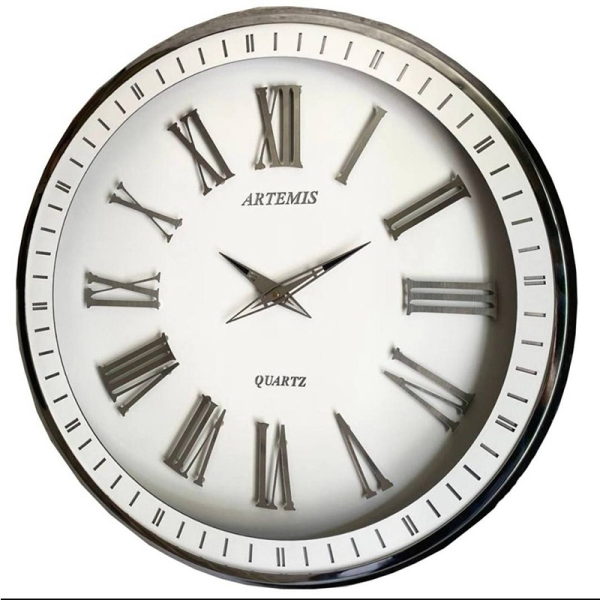 ساعت دیواری فلزی آرتمیس مدل 2036، ساعت دیواری فلزی و آبکاری شده، سایز 70، رنگ سفید و جزییات نقره ای