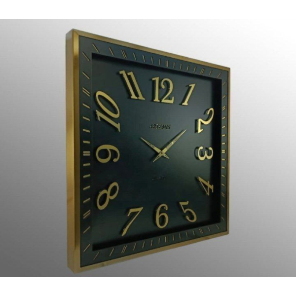 ساعت دیواری فلزی آرتمیس مدل 2038، ساعت دیواری مربع فلزی و آبکاری شده سایز 70، رنگ طلایی مشکی