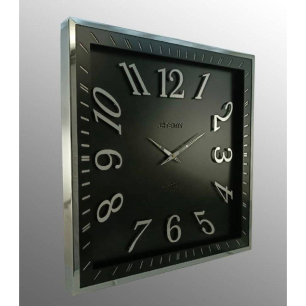 ساعت دیواری فلزی آرتمیس مدل 2038، ساعت دیواری مربع فلزی و آبکاری شده سایز 70، رنگ نقره ای مشکی