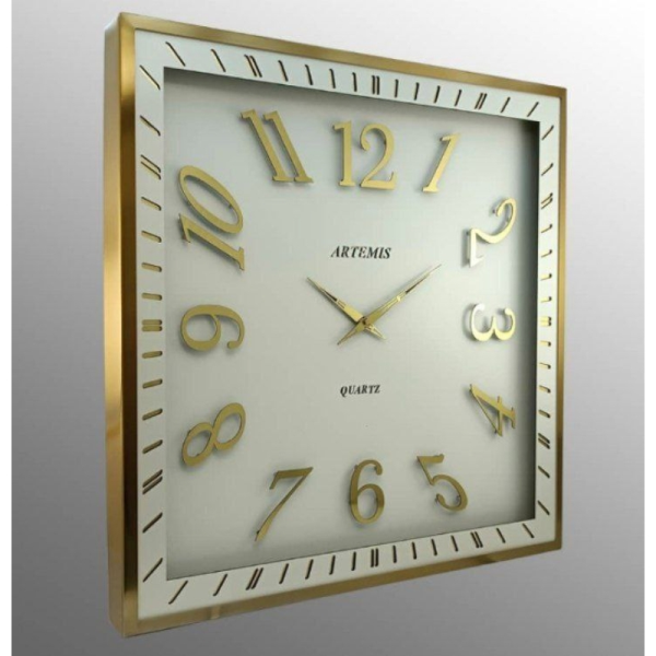 ساعت دیواری فلزی آرتمیس مدل 2038، ساعت دیواری مربع فلزی و آبکاری شده سایز 70، رنگ سفید طلایی