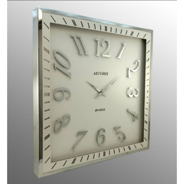 ساعت دیواری فلزی آرتمیس مدل 2038، ساعت دیواری مربع فلزی و آبکاری شده سایز 70، رنگ سفید نقره ای