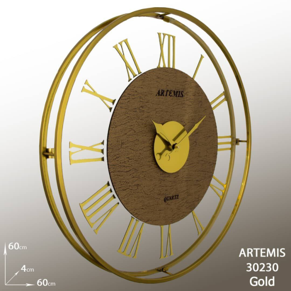 ساعت دیواری فلزی آرتمیس مدل 30230، ساعت دیواری مربع فلزی و آبکاری شده سایز 60، رنگ طلایی