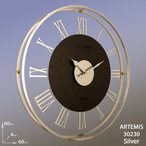ساعت دیواری فلزی آرتمیس مدل 30230، ساعت دیواری مربع فلزی و آبکاری شده سایز 60، رنگ نقره ای