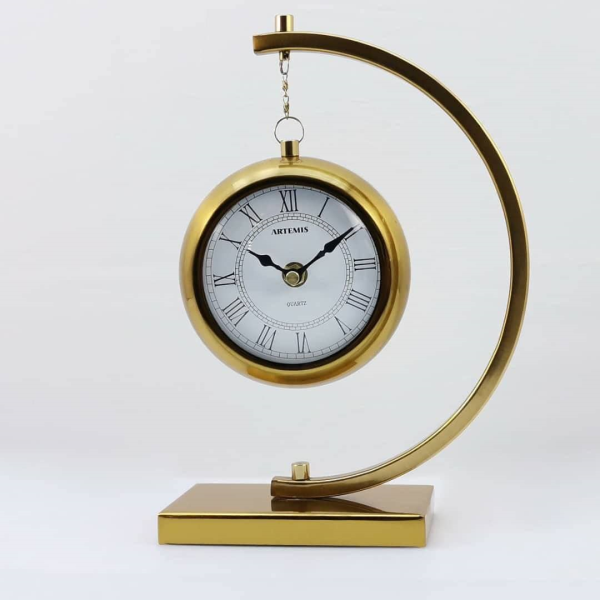 ساعت رومیزی فلزی آرتمیس، ساعت رومیزی بسیار زیبا و مدرن آرتمیس، دکوری و بسیار زیبا، در رنگ طلایی و نقره ای، اعداد رومی، مدل 30260