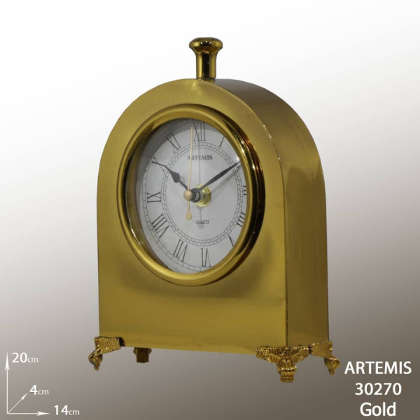 ساعت رومیزی فلزی آرتمیس مدل 30270، ساعت رومیزی بسیار زیبا و مدرن آرتمیس، دکوری و بسیار زیبا، در رنگ طلایی و اعداد رومی