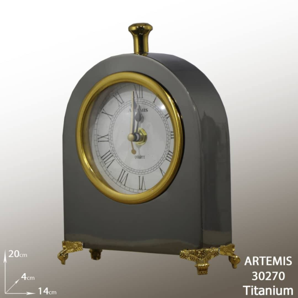 ساعت رومیزی فلزی آرتمیس مدل 30270، ساعت رومیزی بسیار زیبا و مدرن آرتمیس، دکوری و بسیار زیبا، در رنگ خاکستری و اعداد رومی