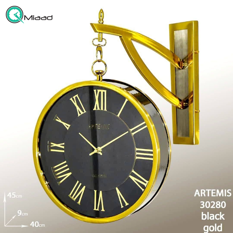 ساعت دیواری یک طرفه آرتمیس مدل 30280، ساعت مدل طرفه آویز بسیار بینظیر با متریال فلز، موتور درجه یک روانگرد، رنگ مشکی طلایی  ساعت دیواری دو طرفه