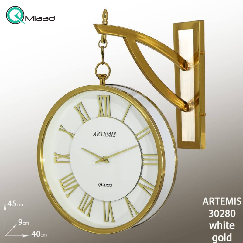 ساعت دیواری یک طرفه آرتمیس مدل 30280، ساعت مدل طرفه آویز بسیار بینظیر با متریال فلز، موتور درجه یک روانگرد، رنگ سفید طلایی  ساعت دیواری دو طرفه