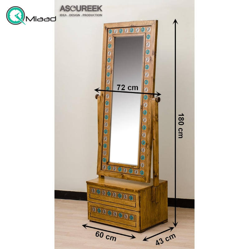 آینه دو کشو لوتوس فیروزه نقره ای مدل AY03023، آینه بسیار زیبا با قاب چوبی روسی و دارای دو کشو آینه ستتی