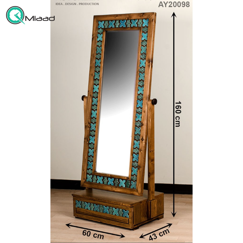 آینه ایستاده چلیپا کشو دار کد AY20098، آینه قدی بسیار زیبا با قاب چوبی روسی و دارای یک کشو چوبی، رنگ فیروزه ای صنایع چوبی
