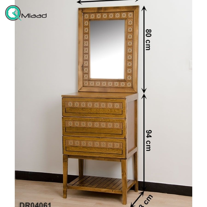 دراور سه کشو پایه دار و آینه لوتوس کد DR04061، دراور پایه دار بسیار شیک و چوبی، دارای سه کشو برای نگه داری وسایل کوچک، فضایی برای نگه درای وسایل تزیینی در قسمت پایین و بالای میز، رنگ طلایی  انواع میز تلفن و گرامافون