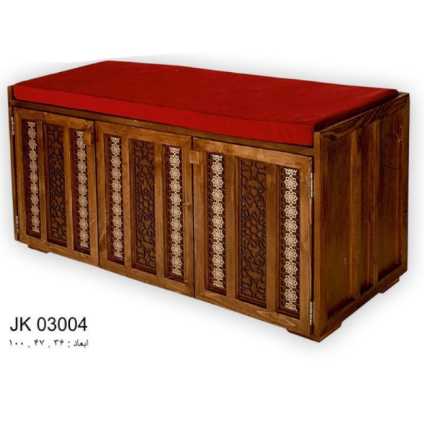 جاکفشی نشیمن مدل معرق کد JK03004، جاکفشی با طراحی سنتی، دارای طبقه های برای نگهداری کفش و جزییات مربوطه، رنگ رویه قرمز
