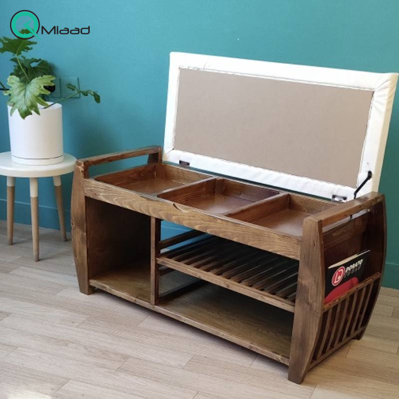 جاکفشی نشیمن هلالی چرم سفید مدل JK20015، نسخه بدون درب جاکفشی با طراحی سنتی، دارای طبقه های برای نگهداری کفش و جزییات مربوطه، نشیمن با رنگ و متریال چرم سفید  جهیزیه