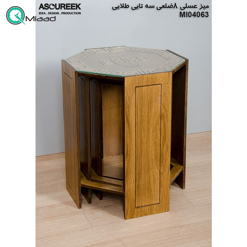 میز عسلی چوبی مدل M104063، میز عسلی چوبی 8 ضلعی سه تایی، میز عسلی مدل با طراحی کلاسیک، رنگ طلایی میز عسلی 3 تکه
