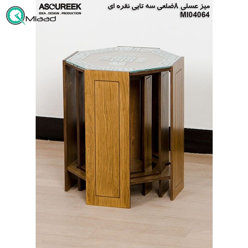 میز عسلی چوبی مدل M104064، میز عسلی چوبی 8 ضلعی سه تایی، میز عسلی مدل با طراحی کلاسیک، رنگ نقره ای میز عسلی 3 تکه