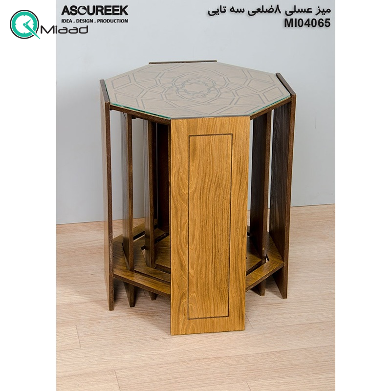 میز عسلی چوبی مدل M104065، میز عسلی چوبی 8 ضلعی سه تایی، میز عسلی مدل با طراحی کلاسیک میز عسلی جدید