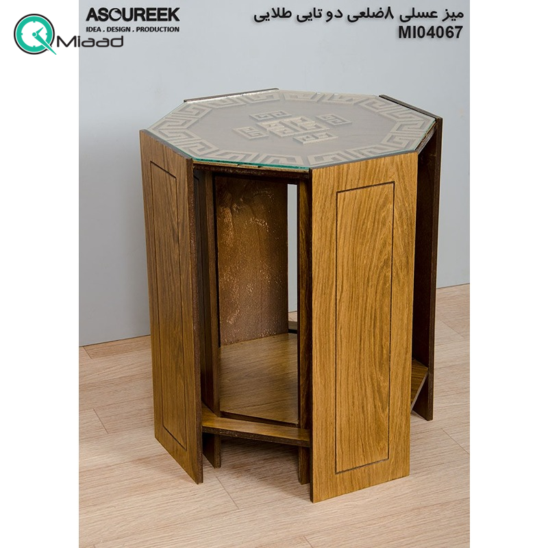 میز عسلی چوبی مدل M104067، میز عسلی چوبی 8 ضلعی دو تایی، میز عسلی مدل با طراحی کلاسیک، رنگ طلایی میز عسلی 3 تکه