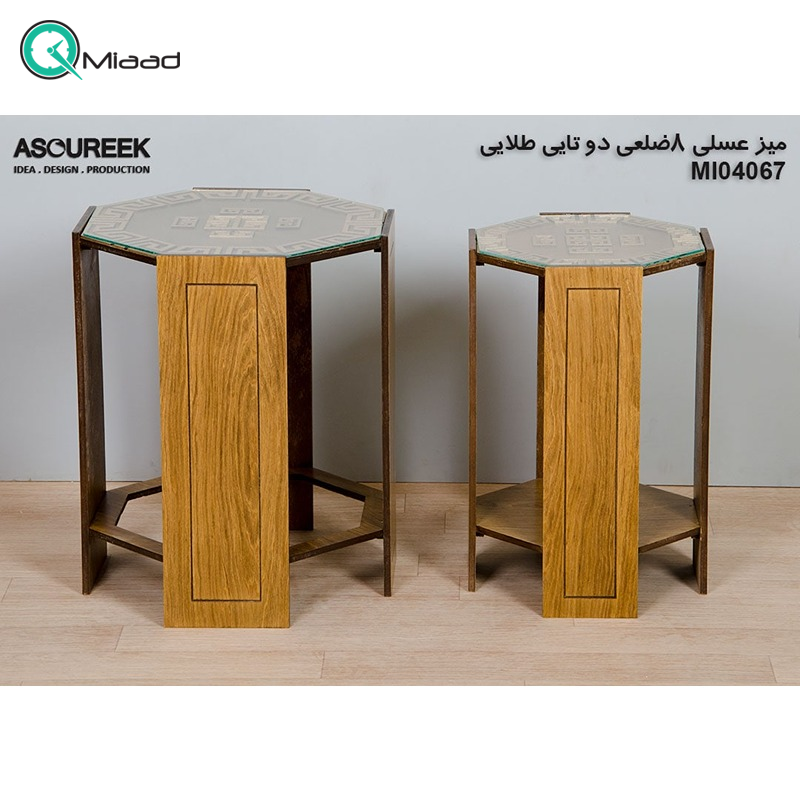 میز عسلی چوبی مدل M104067، میز عسلی چوبی 8 ضلعی دو تایی، میز عسلی مدل با طراحی کلاسیک، رنگ طلایی میز عسلی جدید
