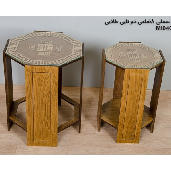 میز عسلی چوبی مدل M104067، میز عسلی چوبی 8 ضلعی دو تایی، میز عسلی مدل با طراحی کلاسیک، رنگ طلایی