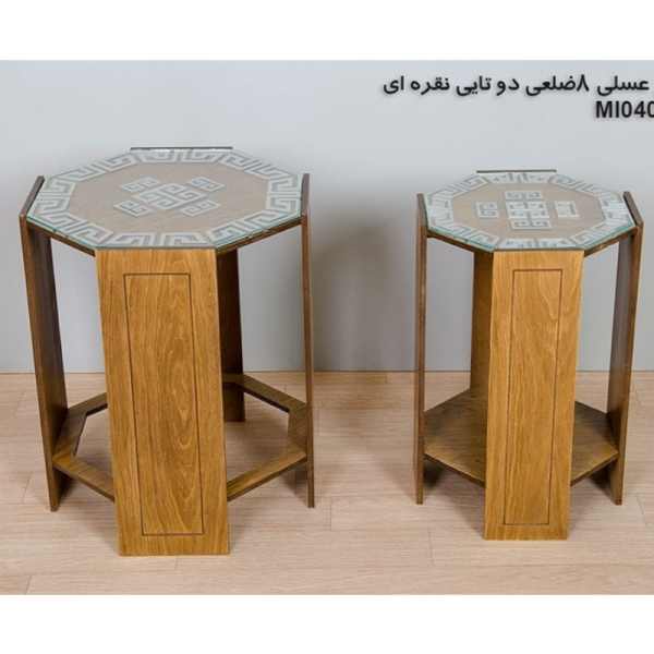 میز عسلی چوبی مدل M104068، میز عسلی چوبی 8 ضلعی دو تایی، میز عسلی مدل با طراحی کلاسیک، رنگ نقره ای