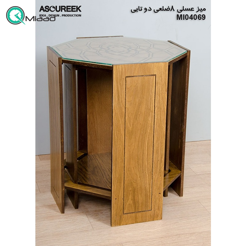 میز عسلی چوبی مدل M104069، میز عسلی چوبی 8 ضلعی دو تایی، میز عسلی مدل با طراحی کلاسیک میز عسلی 3 تکه