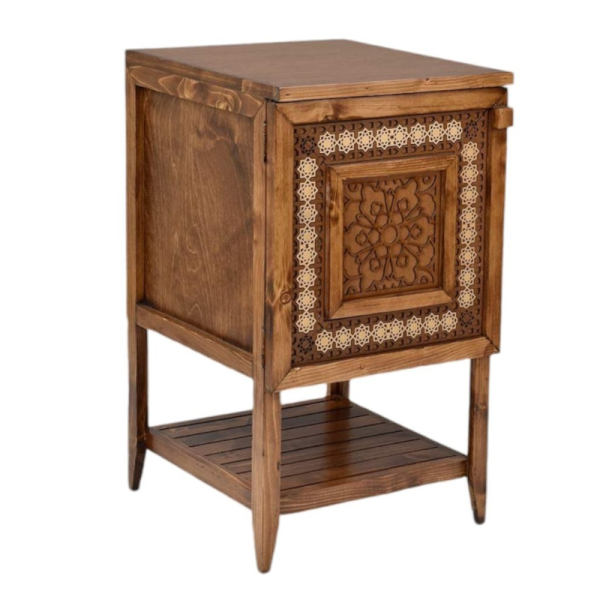 کمدچه پایه دار متوسط معرق مدل VT04011، کمدچه چوبی برای نگهداری اقلام مختلف و وسایل مورد نیاز، طراحی شده با متریال تمام چوب