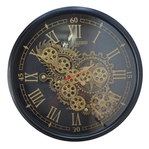 ساعت دیواری اویسا، ساعت دیواری ساخته شده با بدنه پلاستیک، دارای چرخ دنده متحرک روی صفحه ساعت، اعداد یونانی، رنگ مشکی، سایز 68