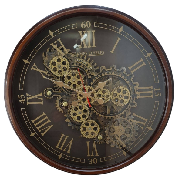 ساعت دیواری اویسا، ساعت دیواری ساخته شده با بدنه پلاستیک، دارای چرخ دنده متحرک روی صفحه ساعت، اعداد یونانی، رنگ قهوه ای، سایز 68