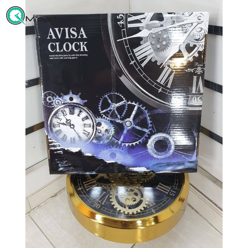 ساعت دیواری اویسا مدل 401، ساعت دیواری ساخته شده با بدنه فلزی، دارای چرخ دنده متحرک روی صفحه ساعت، اعداد رومی، رنگ طلایی با آبکاری فورتیک، سایز 45