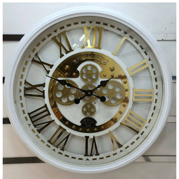 ساعت دیواری اویسا مدل 404، ساعت دیواری ساخته شده با بدنه پلاستیک، دارای چرخ دنده متحرک روی صفحه ساعت، اعداد لاتین، رنگ سفید، سایز 70