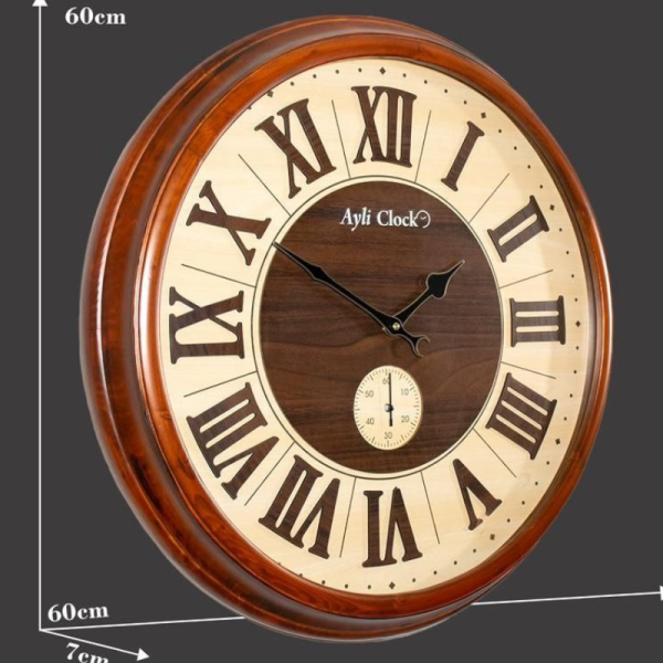 ساعت دیواری چوبی آیلی مدل 625br، ساعت دیواری با متریال تمام چوب سایز 60 موتور تایوانی با صفحه زیبا و خوانا، دارای موتور ثانیه شمار و اعداد رومی