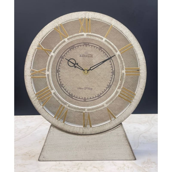 ساعت رومیزی باروک، ساعت رومیزی لوکس، ساعت رومیزی خاص با موتور آرامگرد، اعداد یونانی بزرگ  برجسته، رنگ خاکستری و اعداد طلایی، مدل 925w