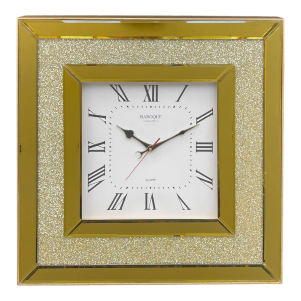ساعت دیواری باروک، ساعت دیواری مدرن با طرح آیینه ای، جزییات مدرن و ساده و طرح چهار گوش، اعداد رومی مشکی و صفحه سفید، بدنه براق طلایی رنگ، سایز 60| کد 9900