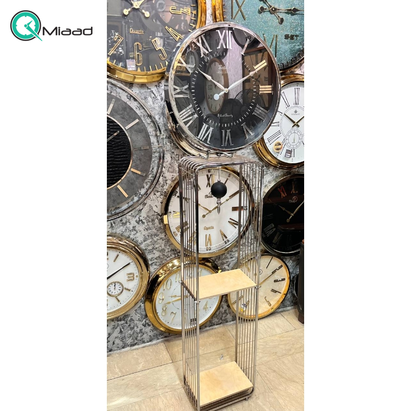 ساعت ایستاده بتیس مدل 4560، ساعت کنار سالنی 2 تیکه باکس دار مدرن با متریال فلز، رنگ آبکاری شده با ارتفاع 210 سانت و قطر 46 سانت ساعت، رنگ سیلور مشکی  قیمت ساعت ایستاده