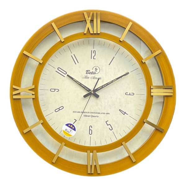 ساعت دیواری بتیس، ساعت دیواری با سایز بندی، متریال چوب و فلز، موتور تایوانی با صفحه زیبا و خوانا، ترکیب رنگ خاکستری و طلایی، اعداد رومی برجسته روی بدنه ساعت، سایز 58 | مدل 5811