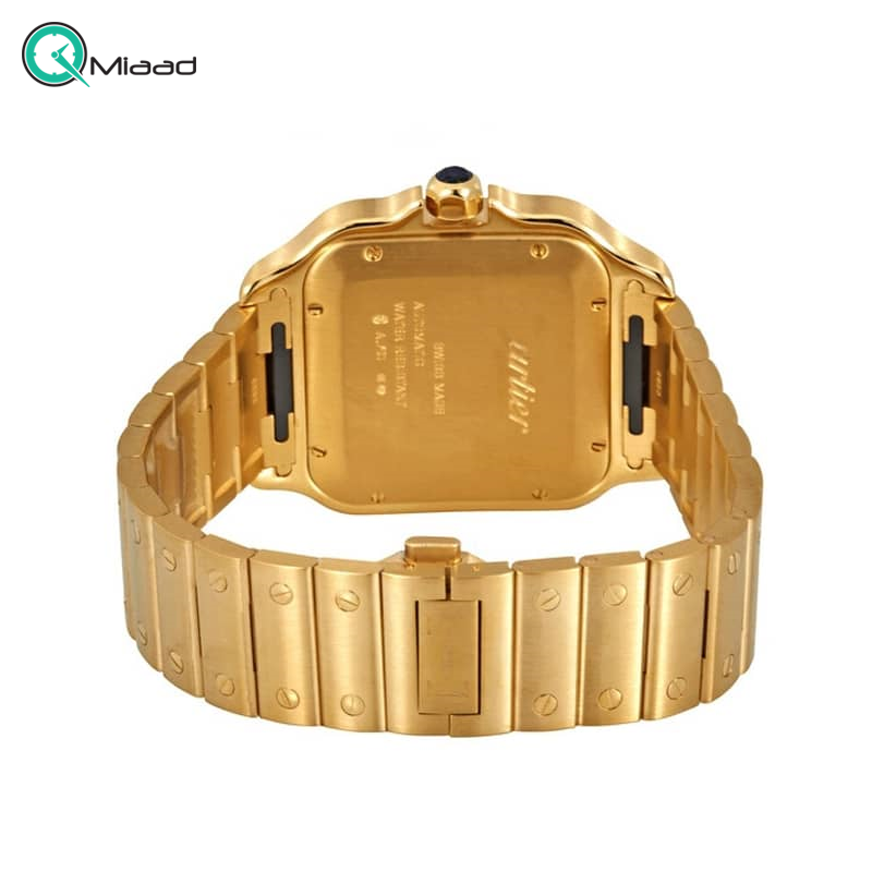 ساعت مچی مردانه کارتیه سانتوس، ساعت مچی مردانه زیبا با متریال تمام استیل، طلایی رنگ، نمایش تقویم، صفحه سفید و عقربه های آبی رنگ قیمت ساعت مچی سه موتوره مردانه