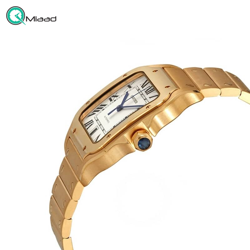 ساعت مچی مردانه کارتیه سانتوس، ساعت مچی مردانه زیبا با متریال تمام استیل، طلایی رنگ، نمایش تقویم، صفحه سفید و عقربه های آبی رنگ ساعت هابلو